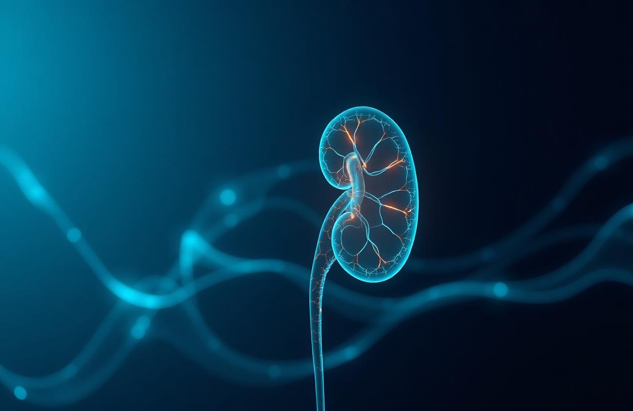 Translucent glowing teal kidney with copper highlights