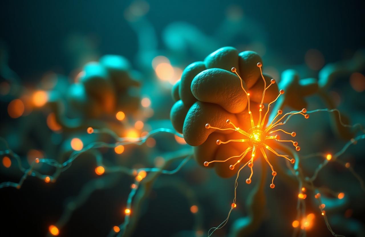 Glowing teal food particles and beneficial bacteria