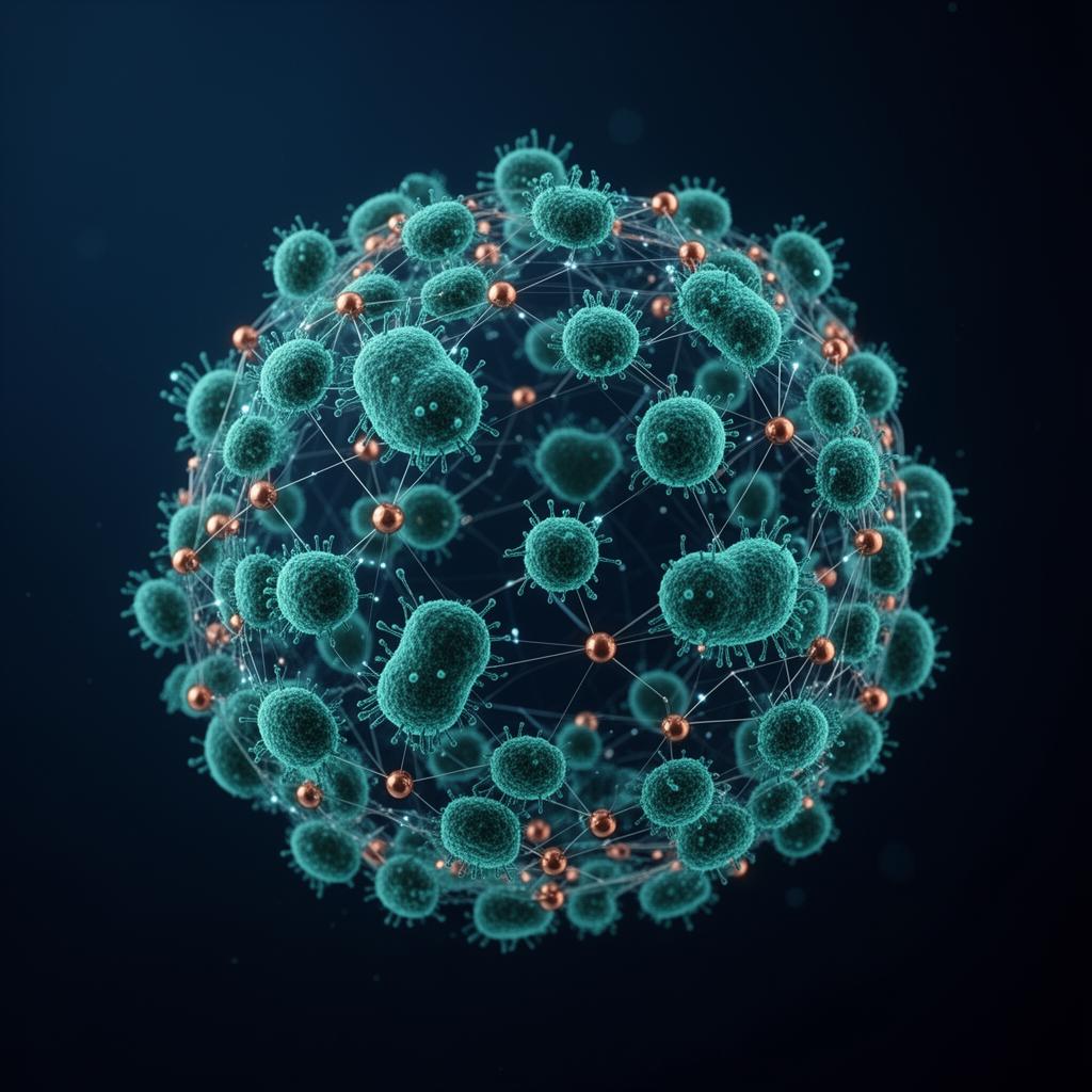 Sphere of interconnected glowing teal bacterial colonies