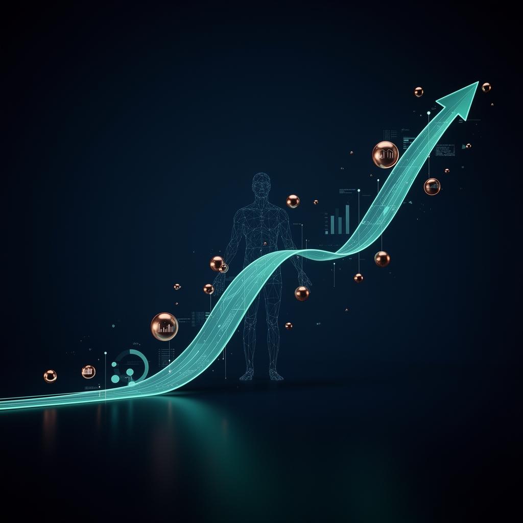 Luminous teal longevity curve ascending with floating data orbs