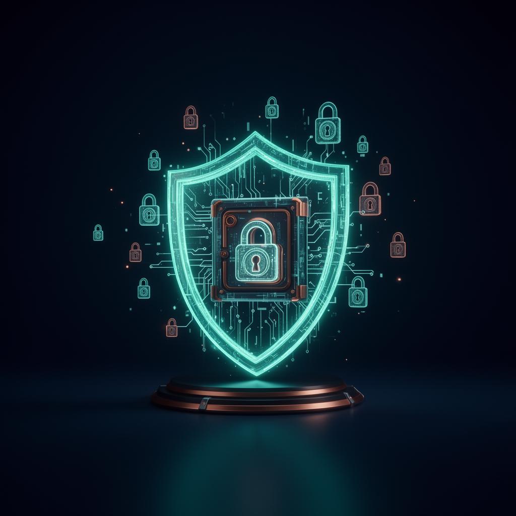 Glowing teal shield of light protecting an encrypted data vault