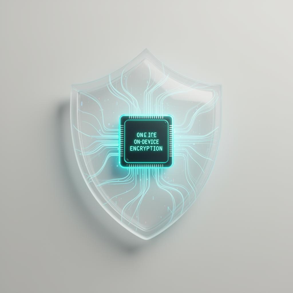 Abstract on-device encryption chip protected by a glowing data shield