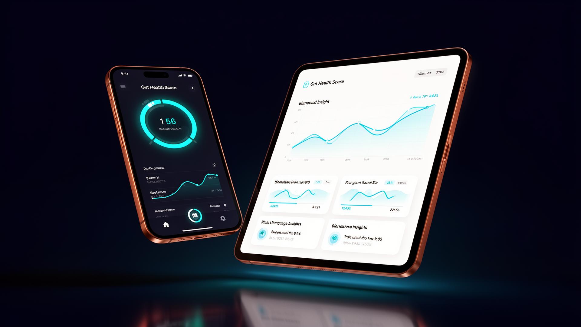 LUXOSMT explainable AI dashboard on phone and tablet showing Gut Health Score and biomarker trends